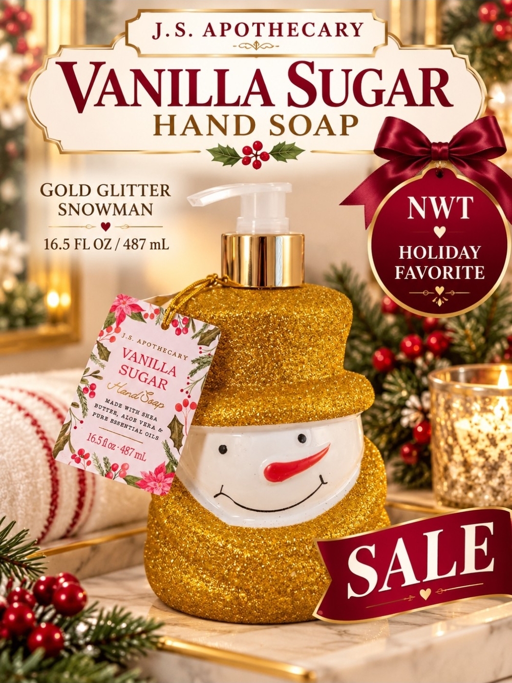 Vanilla Sugar Gold Glitter Snowman Hand Soap